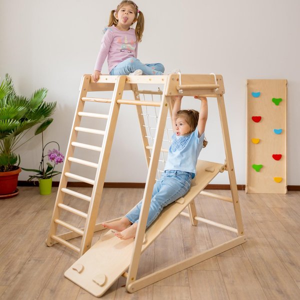Детска дървена катерушка Jungle Gym, за вътрешна употреба, активна игра за деца, безопасна и цветна  

6