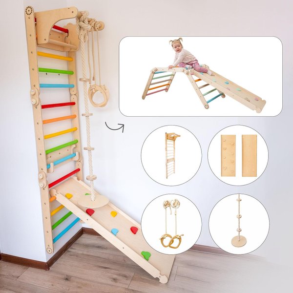Детска шведска стена с халки, рампа и люлка от Wooden Magic за дома  
  
7