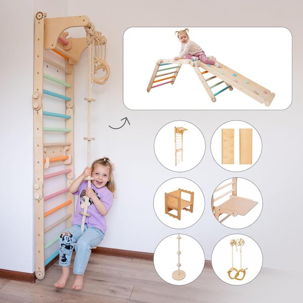 Детска многофункционална шведска стена с халки и люлка от Wooden Magic за активна игра  
  
4