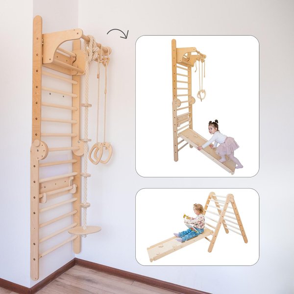 Детска сгъваема шведска стена 4в1 от Wooden Magic, подходяща за игра и занимания  
  
3