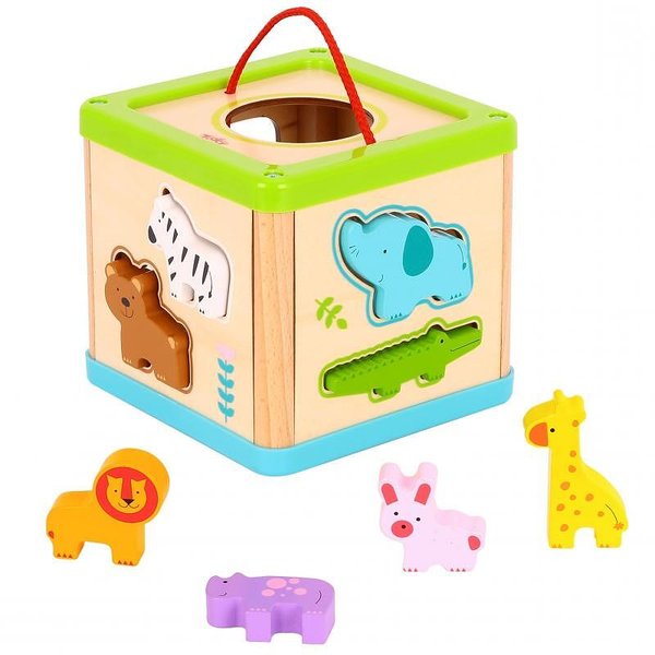 Детско дървено кубче за сортиране с животни от Tooky Toy, образователна игра за деца  

3