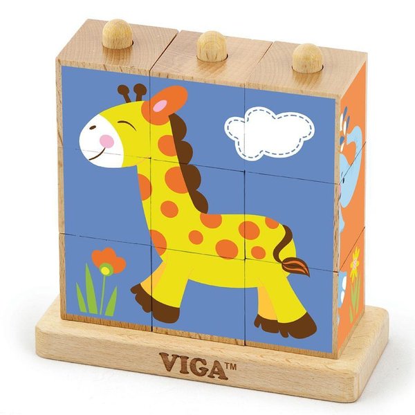 Детски дървен пъзел от кубове - Сафари животни, образователна игра, Viga toys  

20