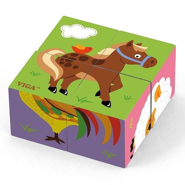 Детски дървен пъзел от кубове - Животни, образователна игра, Viga toys  

14
