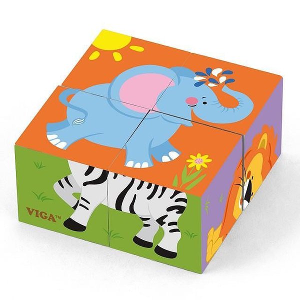 Детски дървен пъзел от кубове - Диви животни, образователна игра, Viga toys  

13