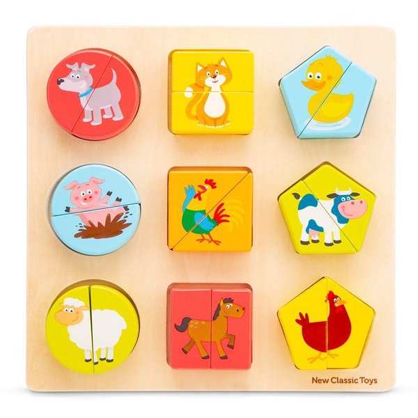 Пъзел с животни и геометрични форми от New Classic Toys, за развитие и забавление.