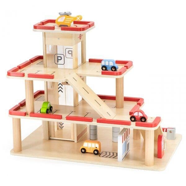 Детски дървен паркинг Polar B, играчка Viga Toys, дървен гараж за коли, трислоен паркинг, за деца  

16