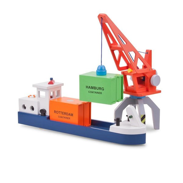 Детска дървена баржа с 2 контейнера, играчка New Classic Toys, морска играчка, дървена корабче за деца  

11