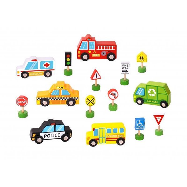 Детски дървен комплект градски автомобили с пътни знаци, играчка Tooky Toy, подходяща за деца, модел на градски автомобили, образователна дървена играчка  

2