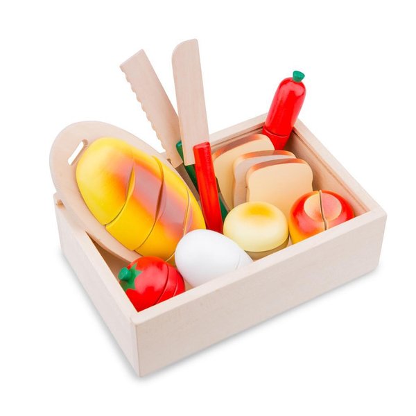 Детска дървена кутия с продукти за рязане, за игра и развитие, марка New Classic Toys  

12