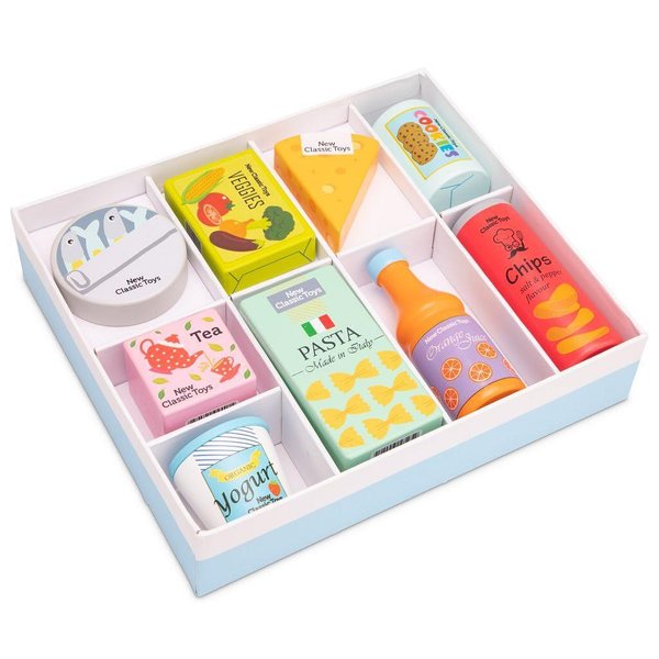Детски дървен комплект с хранителни продукти за ролеви игри, марка New Classic Toys, за детска кухня  

3
