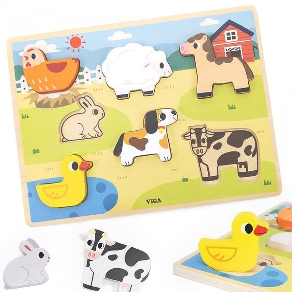 Детски релефен дървен пъзел с животни от Viga Toys, образователна игра

13.