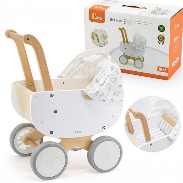 Бяла дървена количка за кукли, Viga Toys, за игра и развитие, за малки деца и кукли  

16.