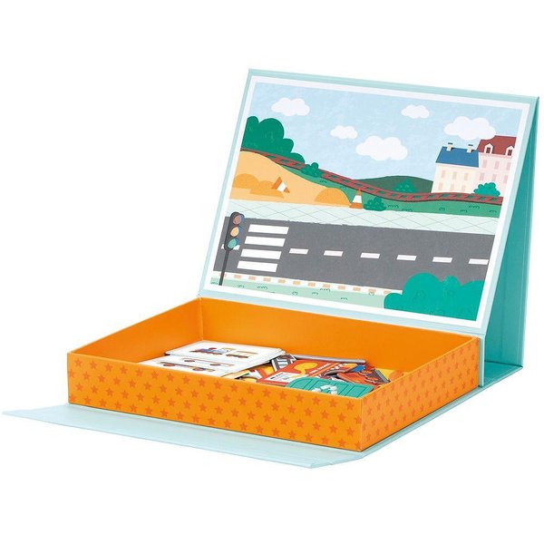 Детска магнитна книга за превозни средства в куфарче от Lelin Toys за развитие  
  
11